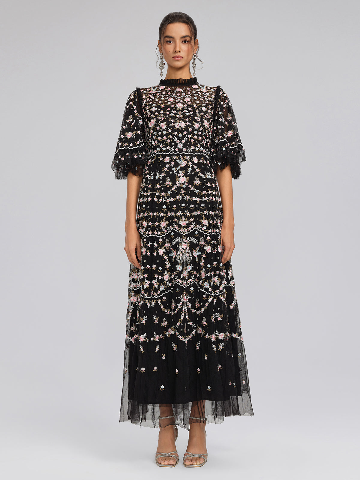 Floral Embroidered Mesh Maxi Dress with Ruffled Sleeves