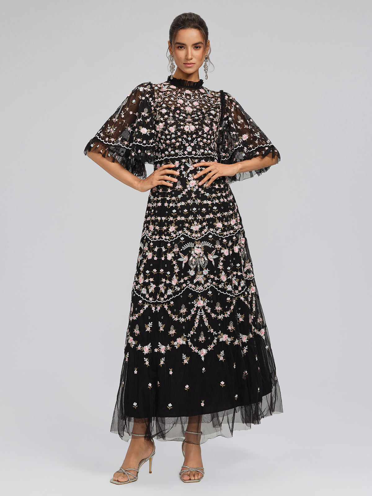Floral Embroidered Mesh Maxi Dress with Ruffled Sleeves