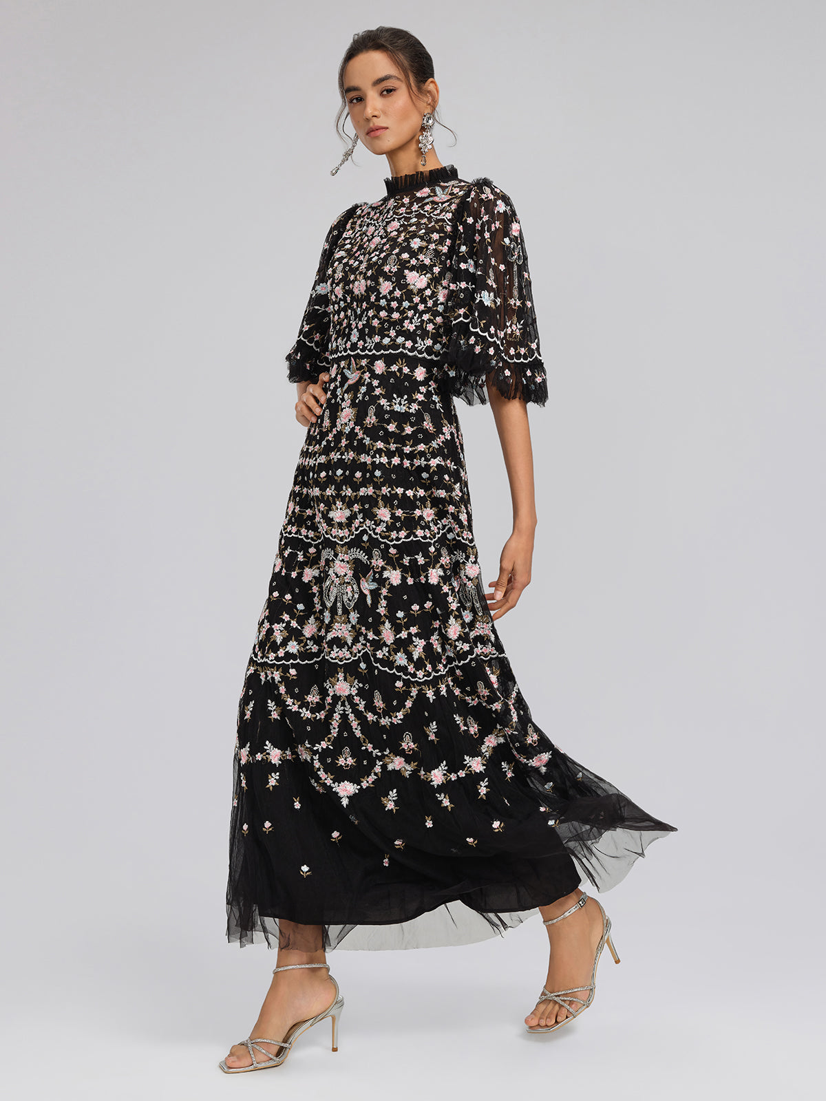 Floral Embroidered Mesh Maxi Dress with Ruffled Sleeves