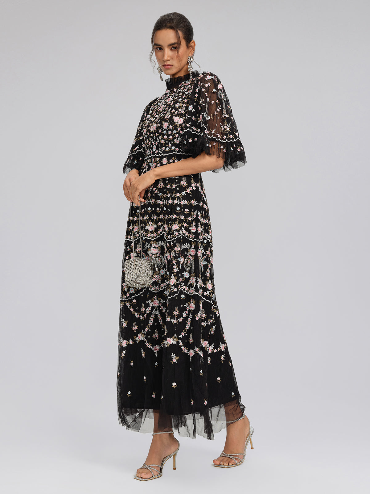 Floral Embroidered Mesh Maxi Dress with Ruffled Sleeves