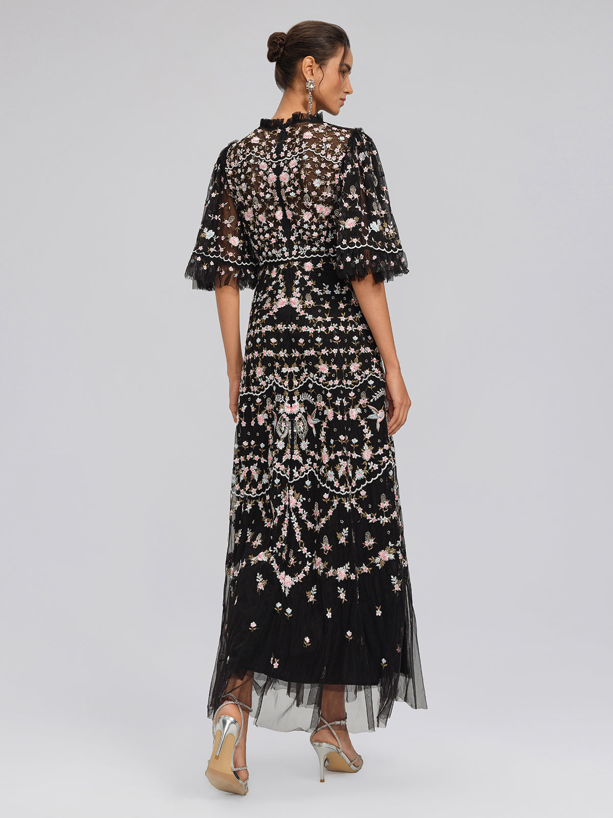 Floral Embroidered Mesh Maxi Dress with Ruffled Sleeves