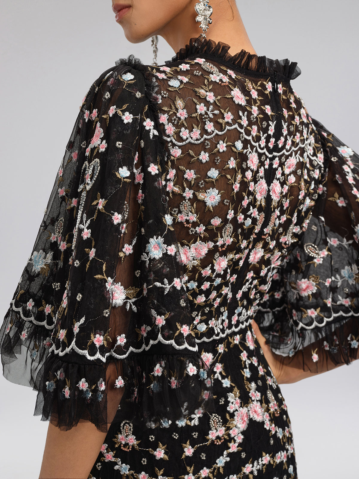 Floral Embroidered Mesh Maxi Dress with Ruffled Sleeves
