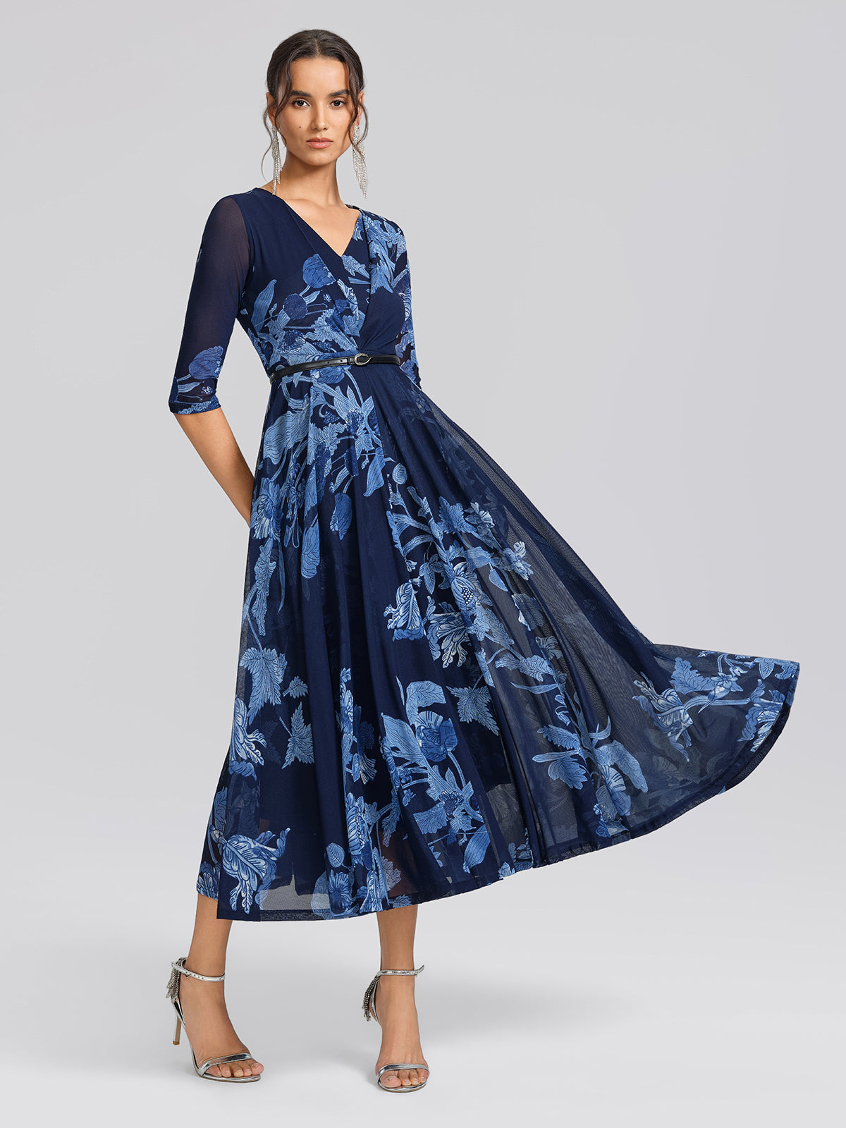 Elegant Navy Floral V-Neck Mesh Sleeve Midi Dress