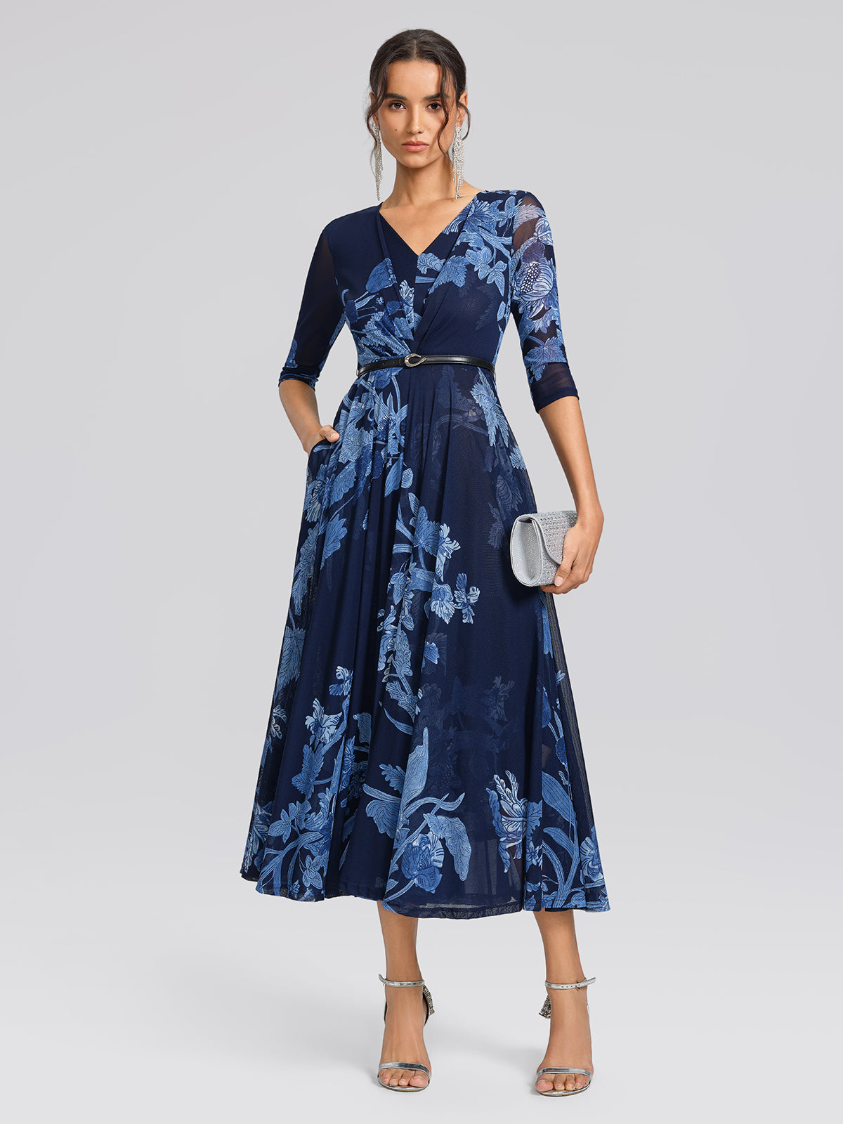 Elegant Navy Floral V-Neck Mesh Sleeve Midi Dress
