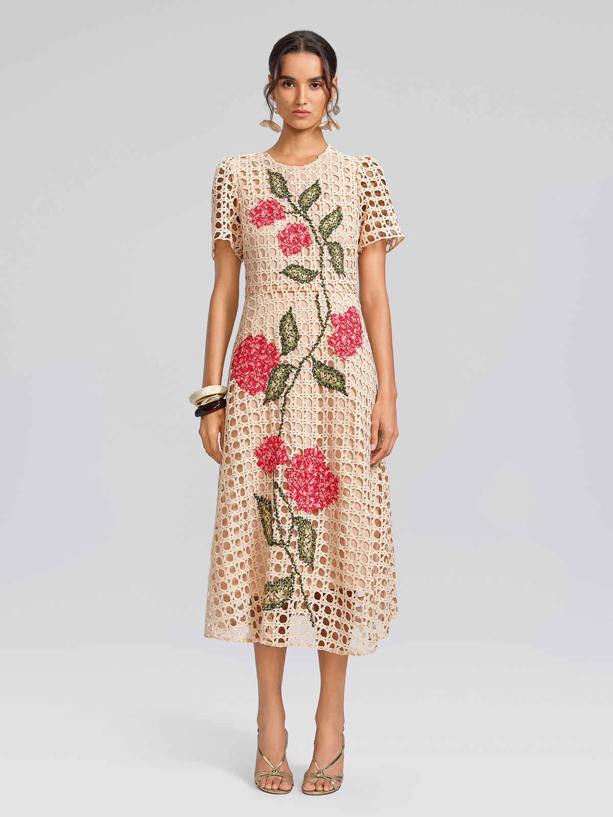 Floral Embroidered Eyelet Midi Dress