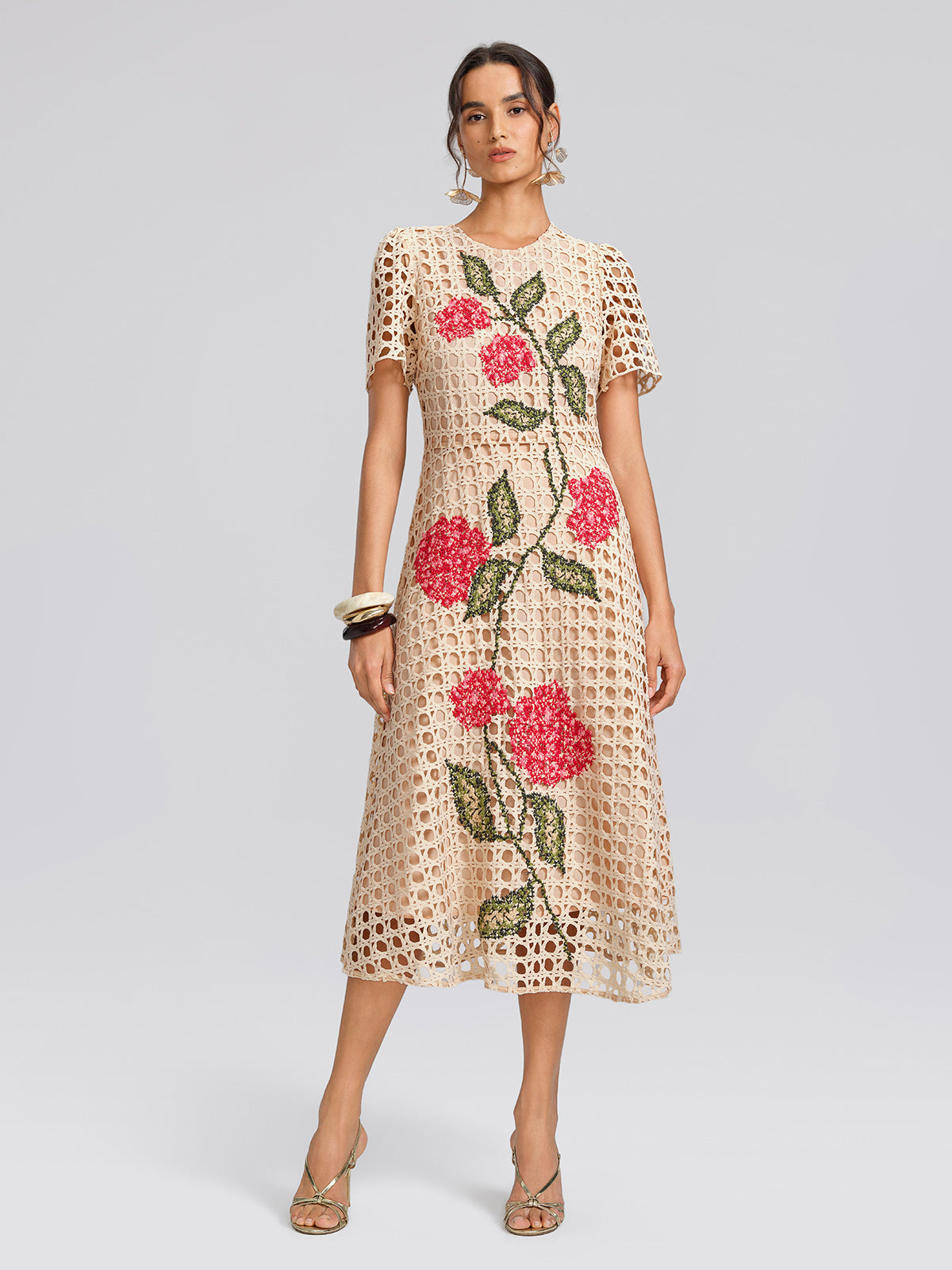 Floral Embroidered Eyelet Midi Dress
