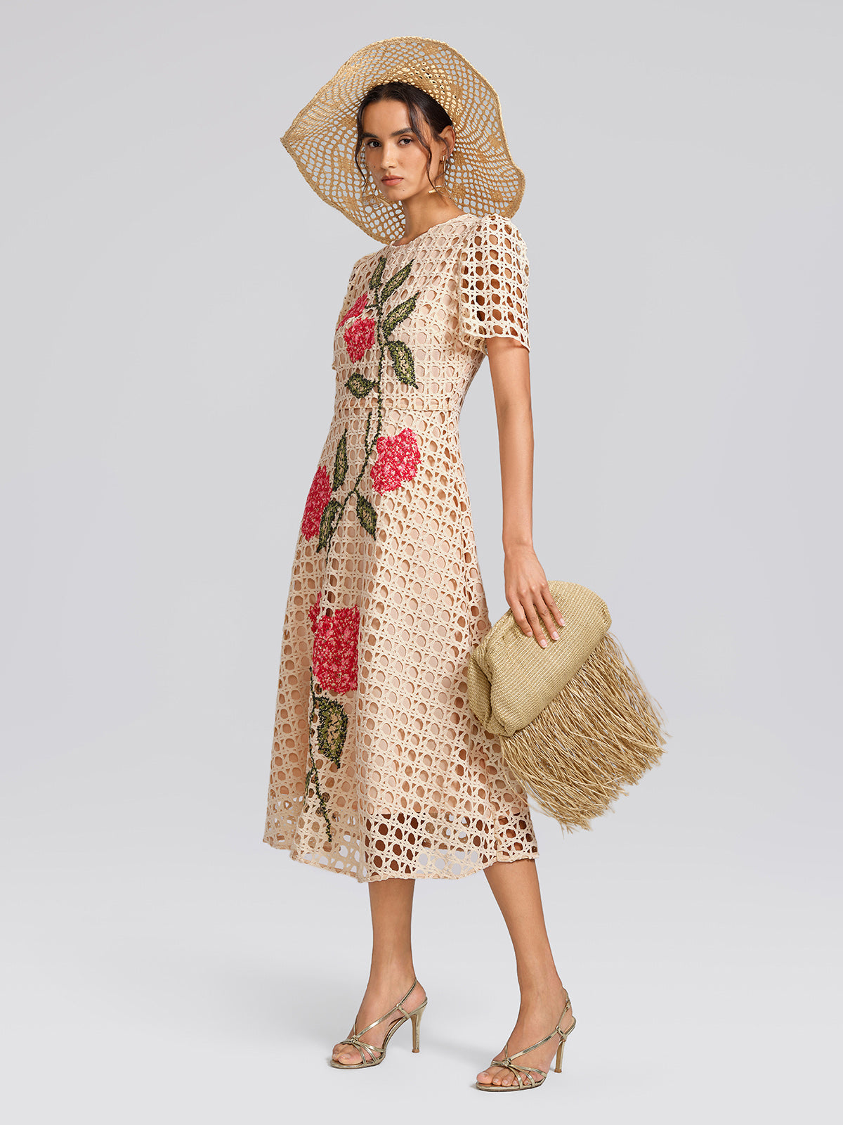 Floral Embroidered Eyelet Midi Dress