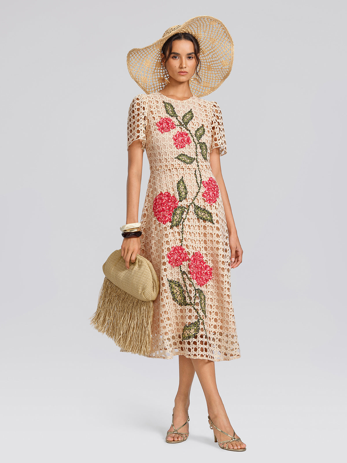 Floral Embroidered Eyelet Midi Dress