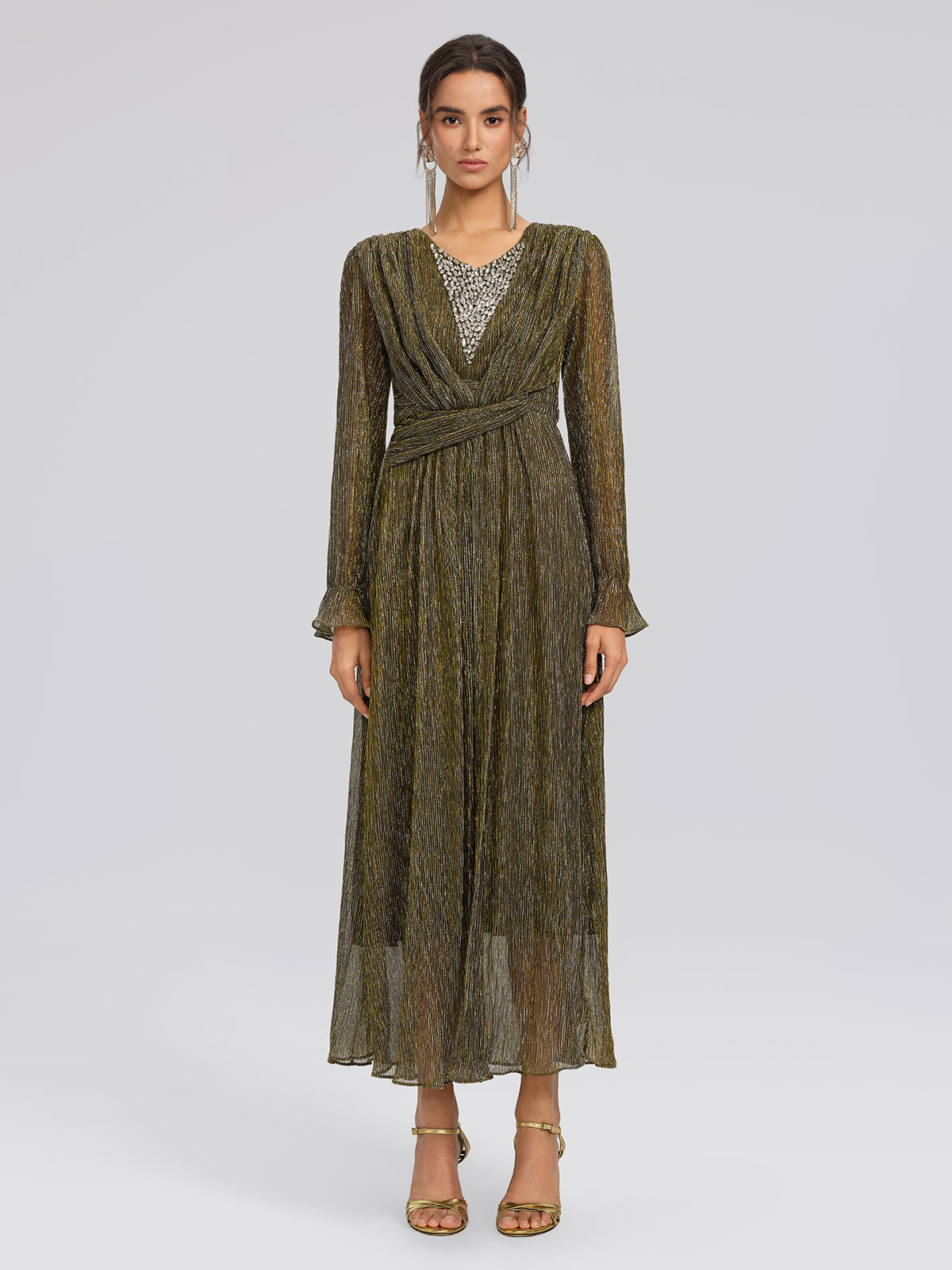 Glamorous Metallic Pleated Maxi Dress with Sequin V-Neck