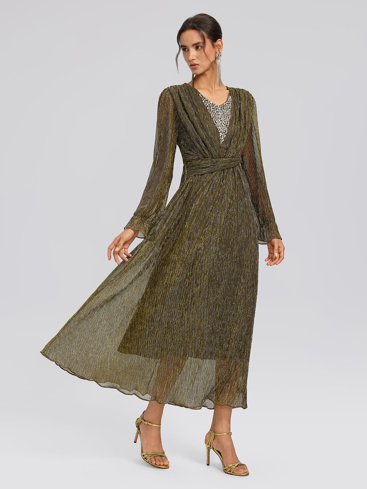 Glamorous Metallic Pleated Maxi Dress with Sequin V-Neck