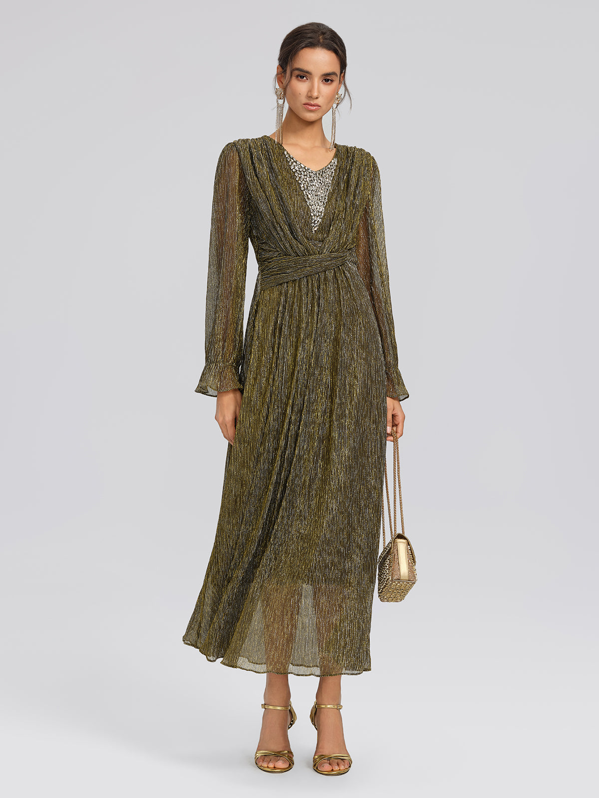 Glamorous Metallic Pleated Maxi Dress with Sequin V-Neck