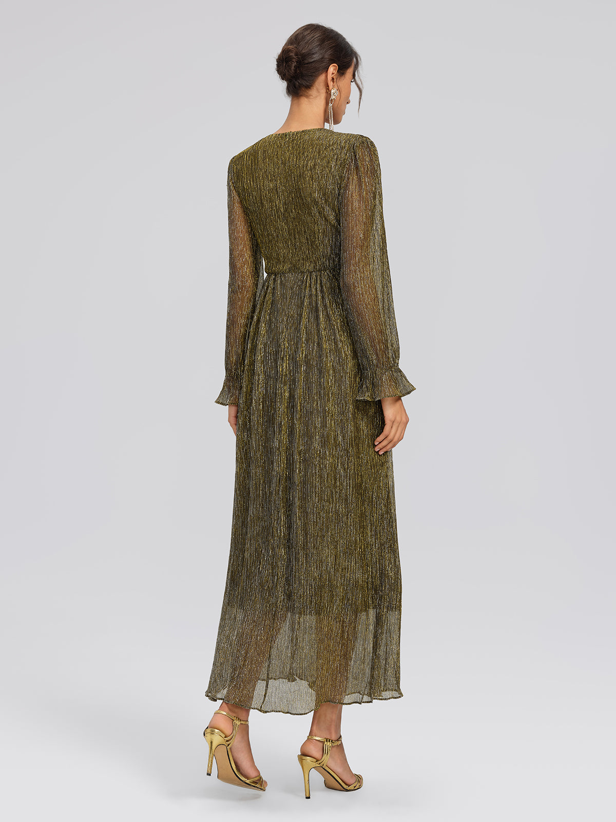 Glamorous Metallic Pleated Maxi Dress with Sequin V-Neck