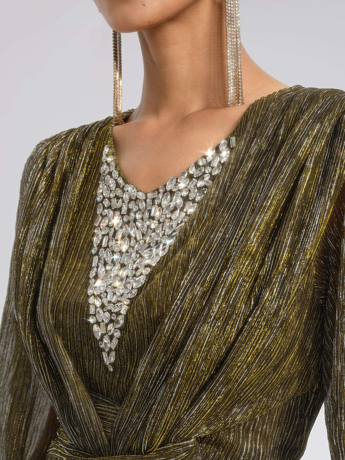 Glamorous Metallic Pleated Maxi Dress with Sequin V-Neck
