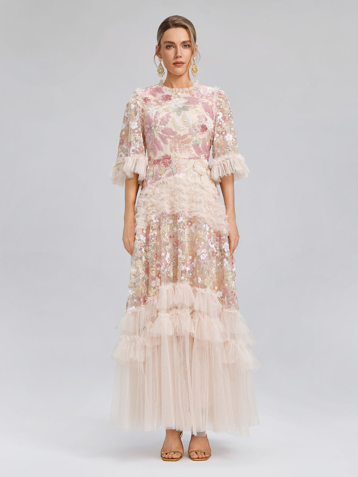 Floral Sequin Embroidered Tiered Ruffle Maxi Dress