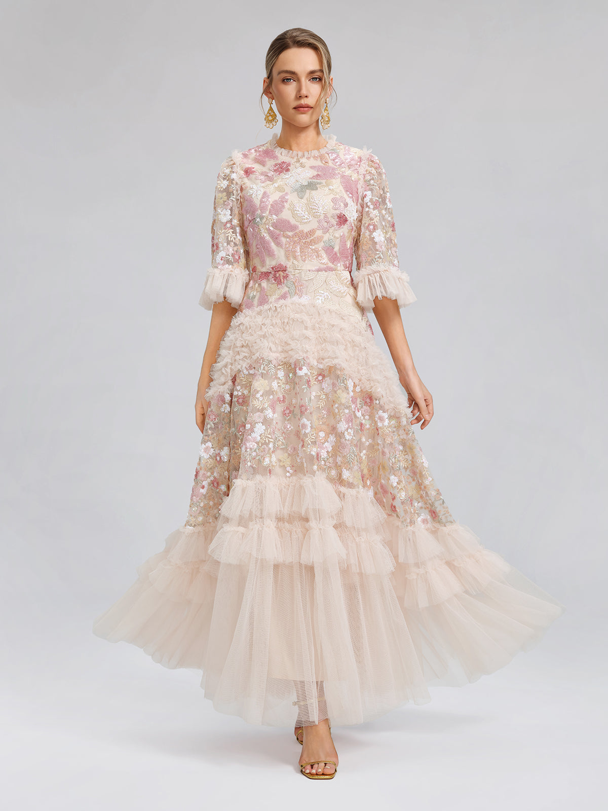 Floral Sequin Embroidered Tiered Ruffle Maxi Dress