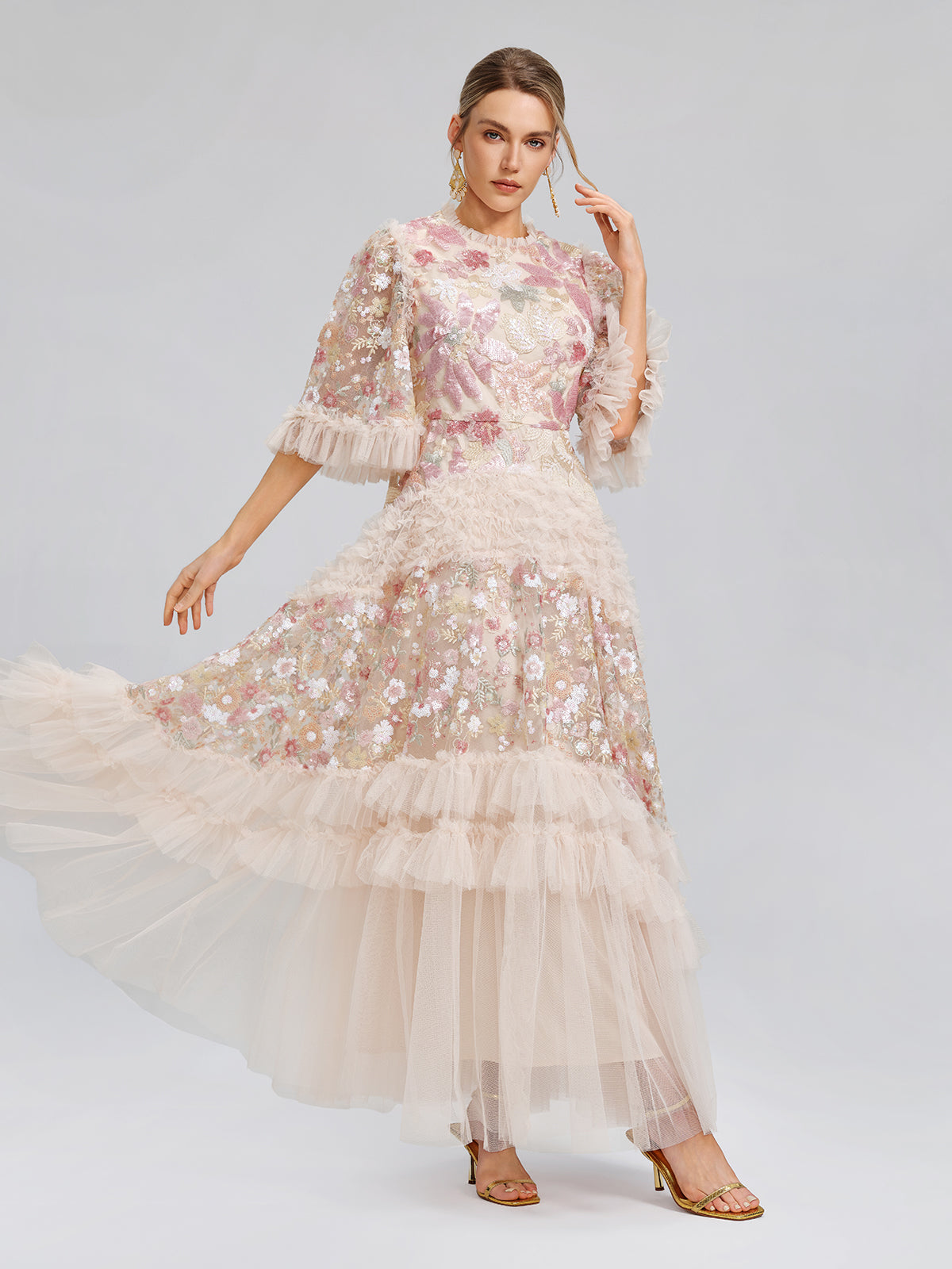 Floral Sequin Embroidered Tiered Ruffle Maxi Dress