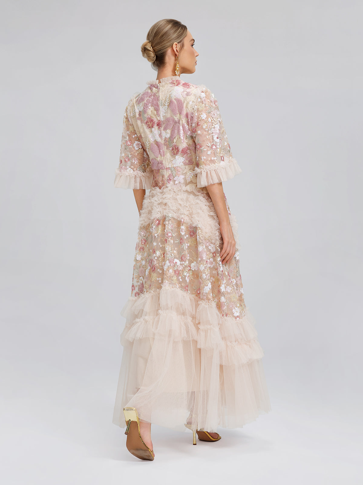 Floral Sequin Embroidered Tiered Ruffle Maxi Dress