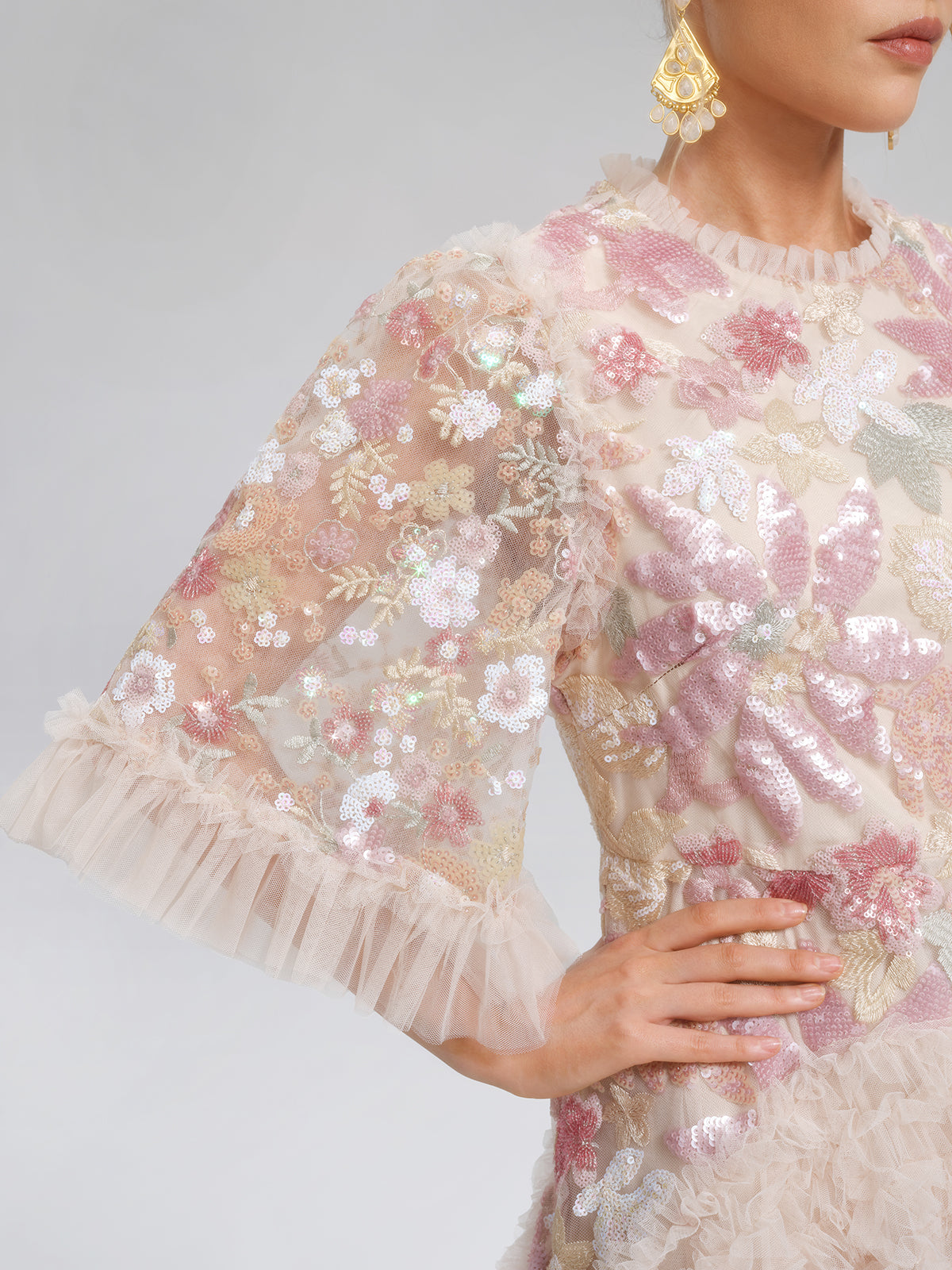 Floral Sequin Embroidered Tiered Ruffle Maxi Dress