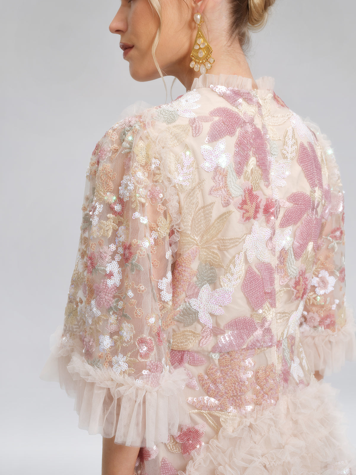 Floral Sequin Embroidered Tiered Ruffle Maxi Dress