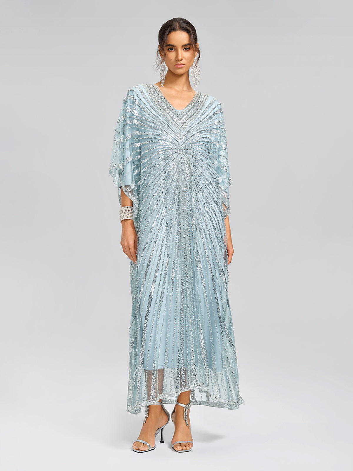 Elegant Silver Sequin Light Blue V-Neck Kaftan