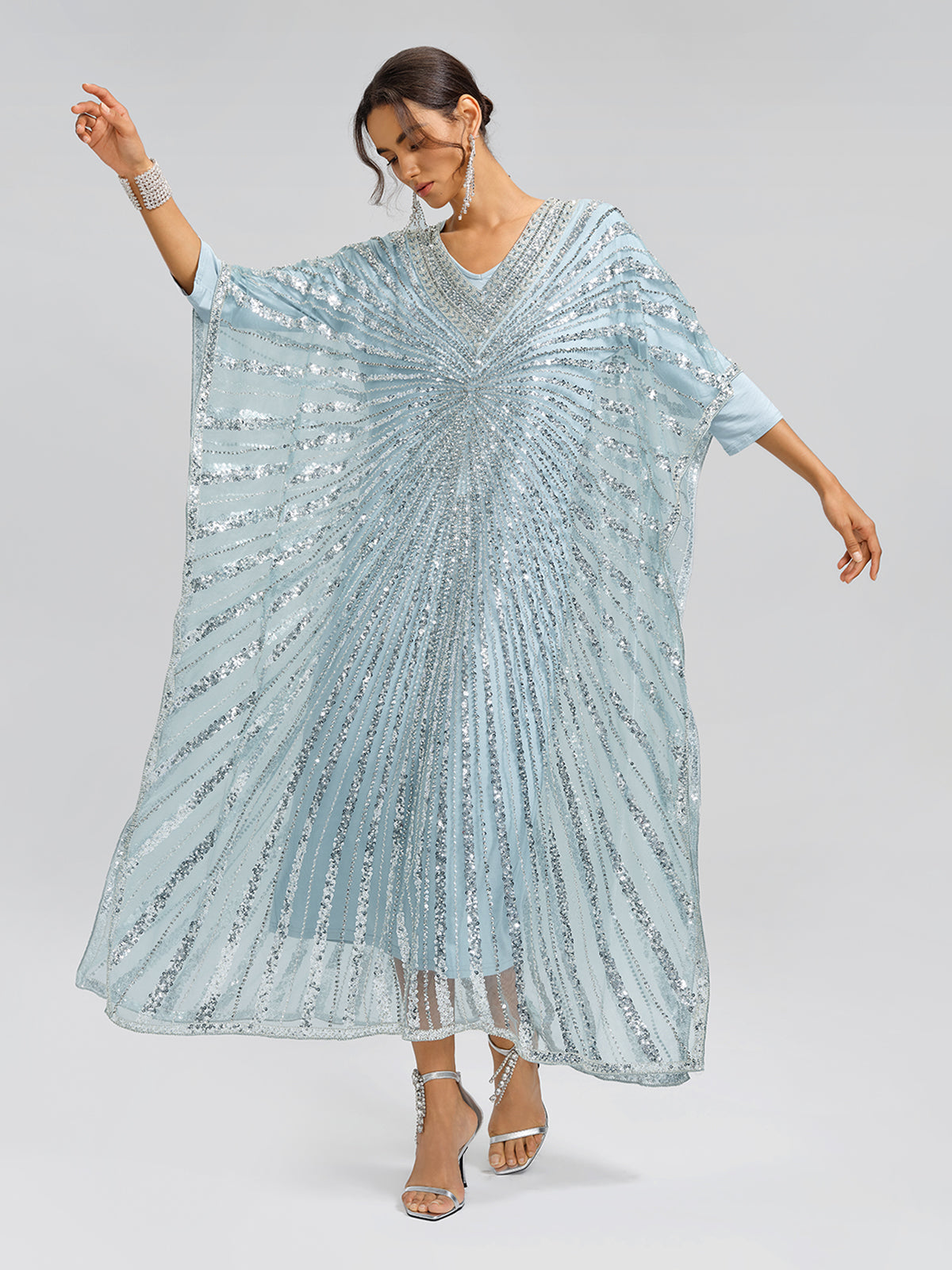 Elegant Silver Sequin Light Blue V-Neck Kaftan