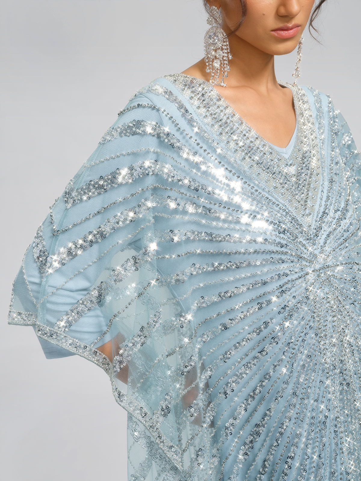 Elegant Silver Sequin Light Blue V-Neck Kaftan