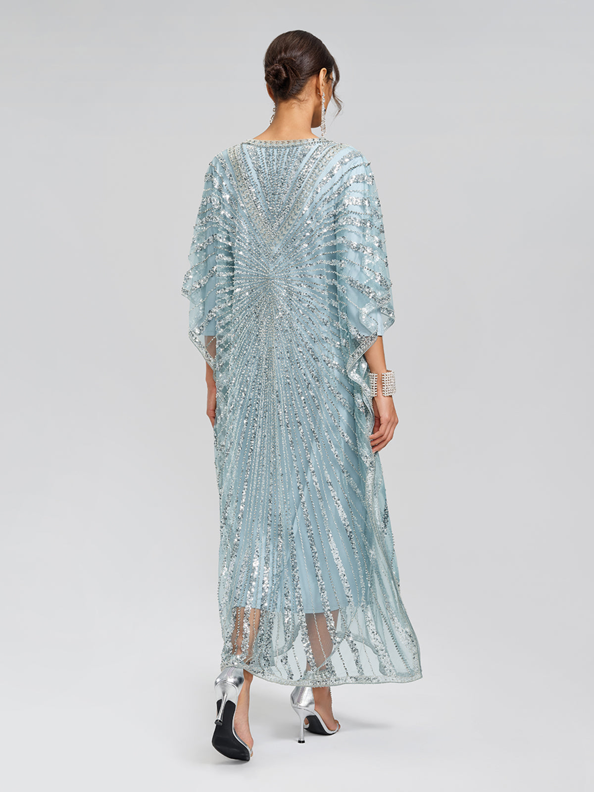 Elegant Silver Sequin Light Blue V-Neck Kaftan