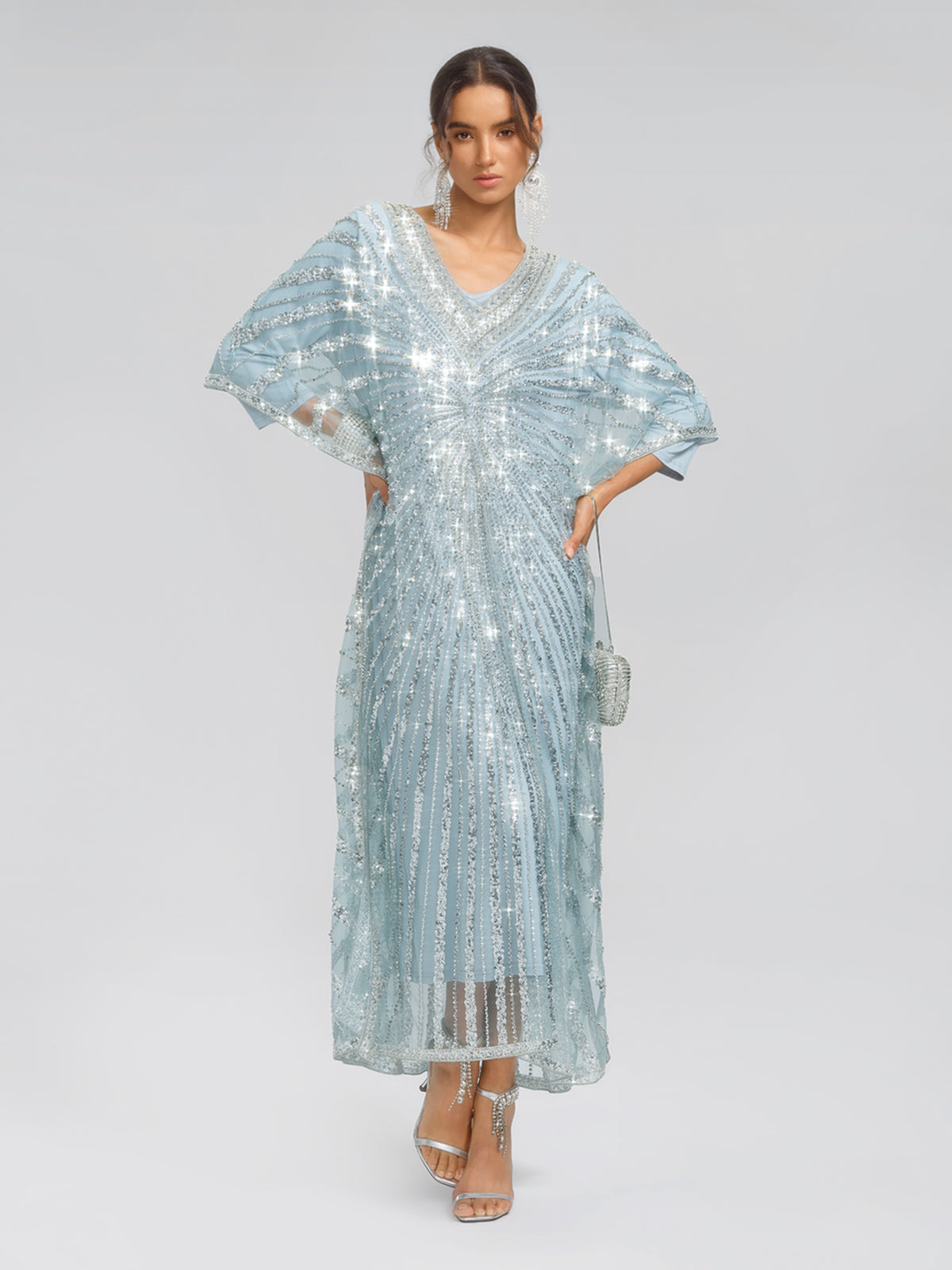 Elegant Silver Sequin Light Blue V-Neck Kaftan