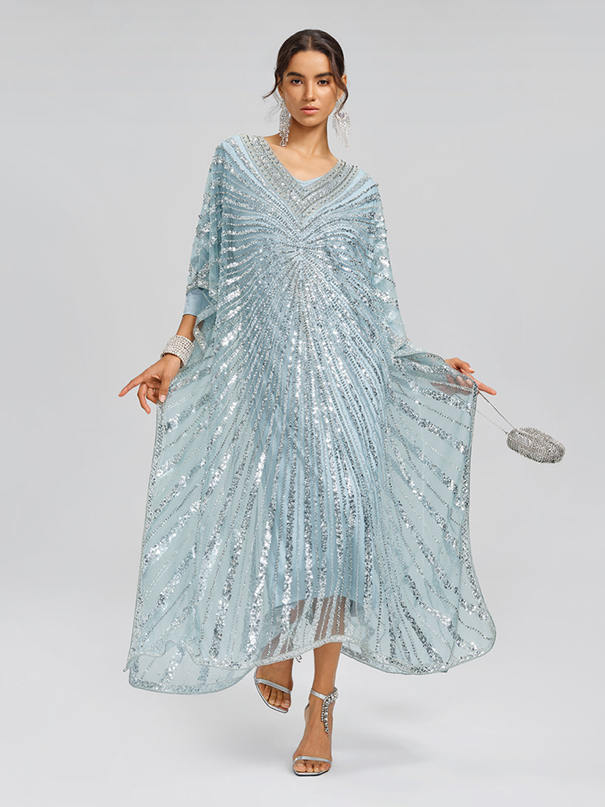 Elegant Silver Sequin Light Blue V-Neck Kaftan