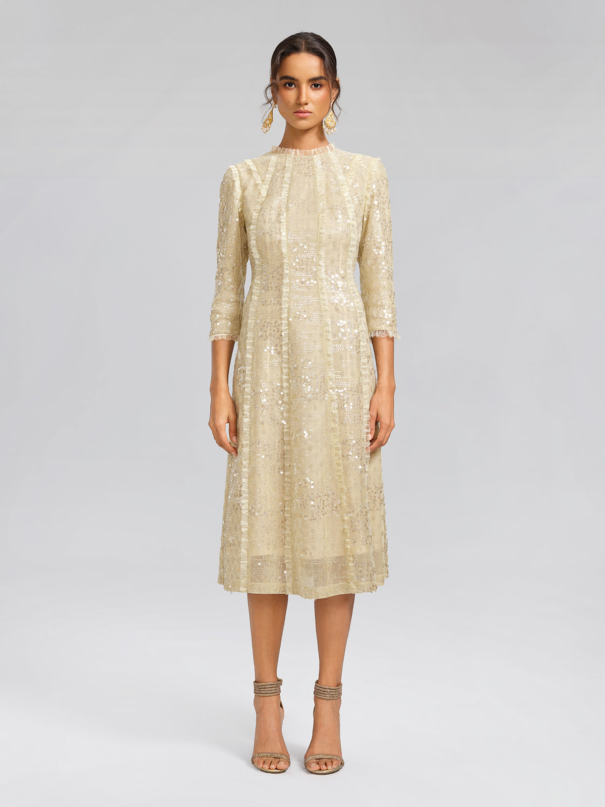 Elegant Sequin Ruffle Trim Midi Dress