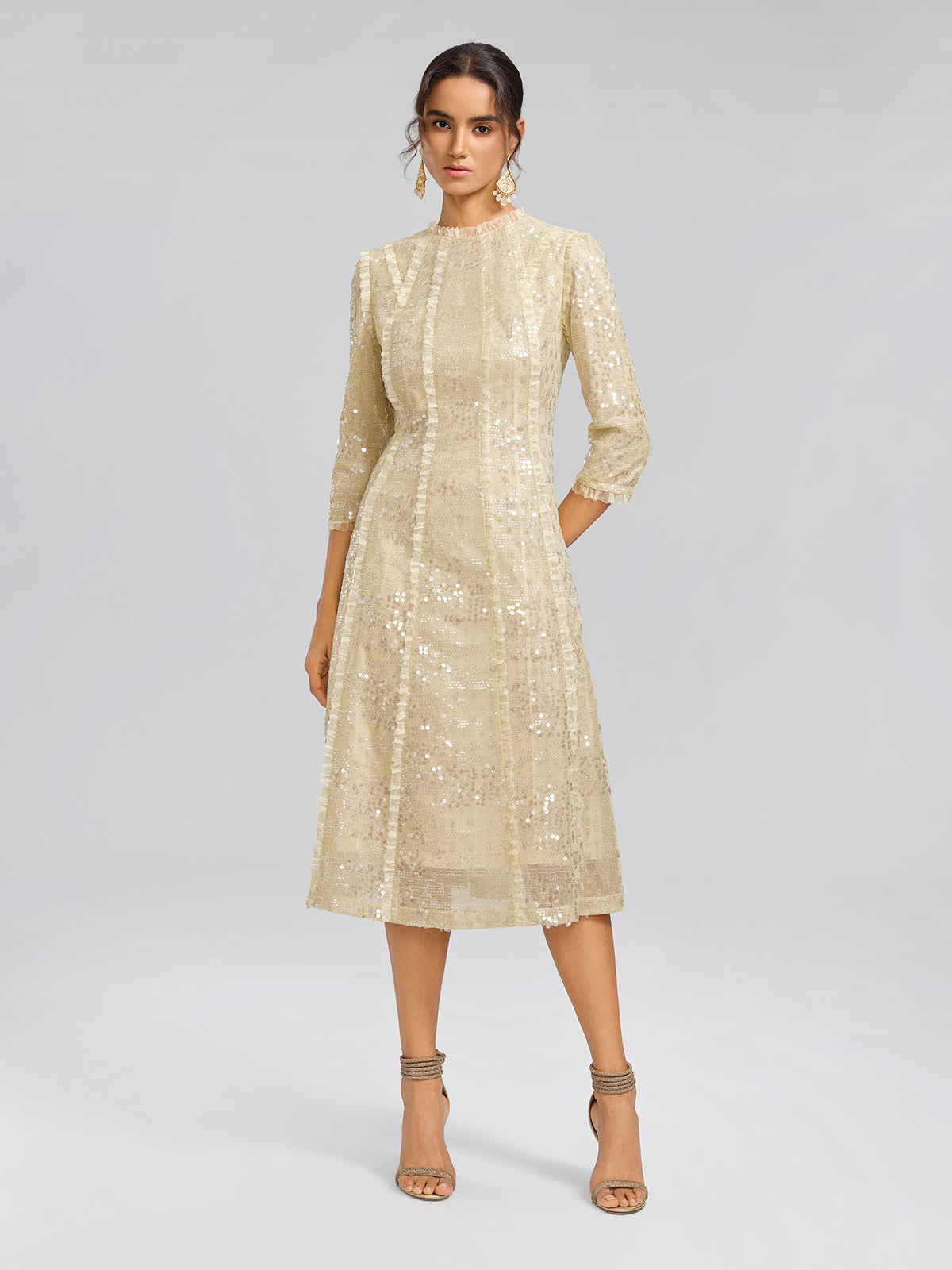 Elegant Sequin Ruffle Trim Midi Dress