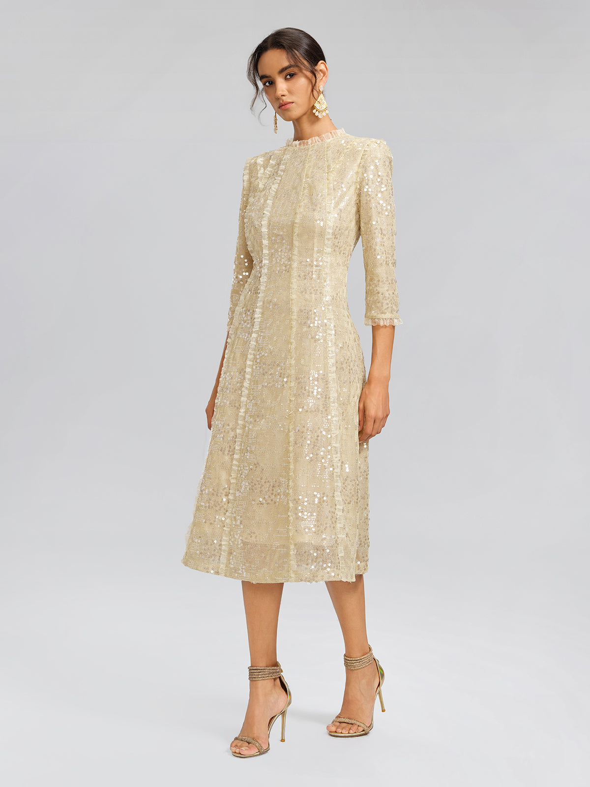 Elegant Sequin Ruffle Trim Midi Dress