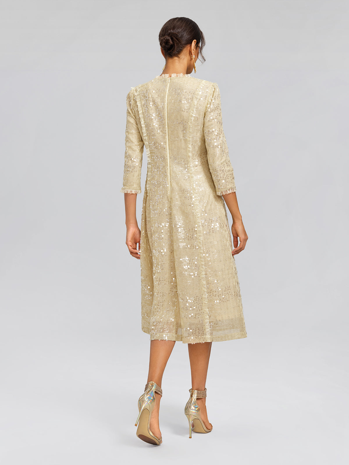 Elegant Sequin Ruffle Trim Midi Dress
