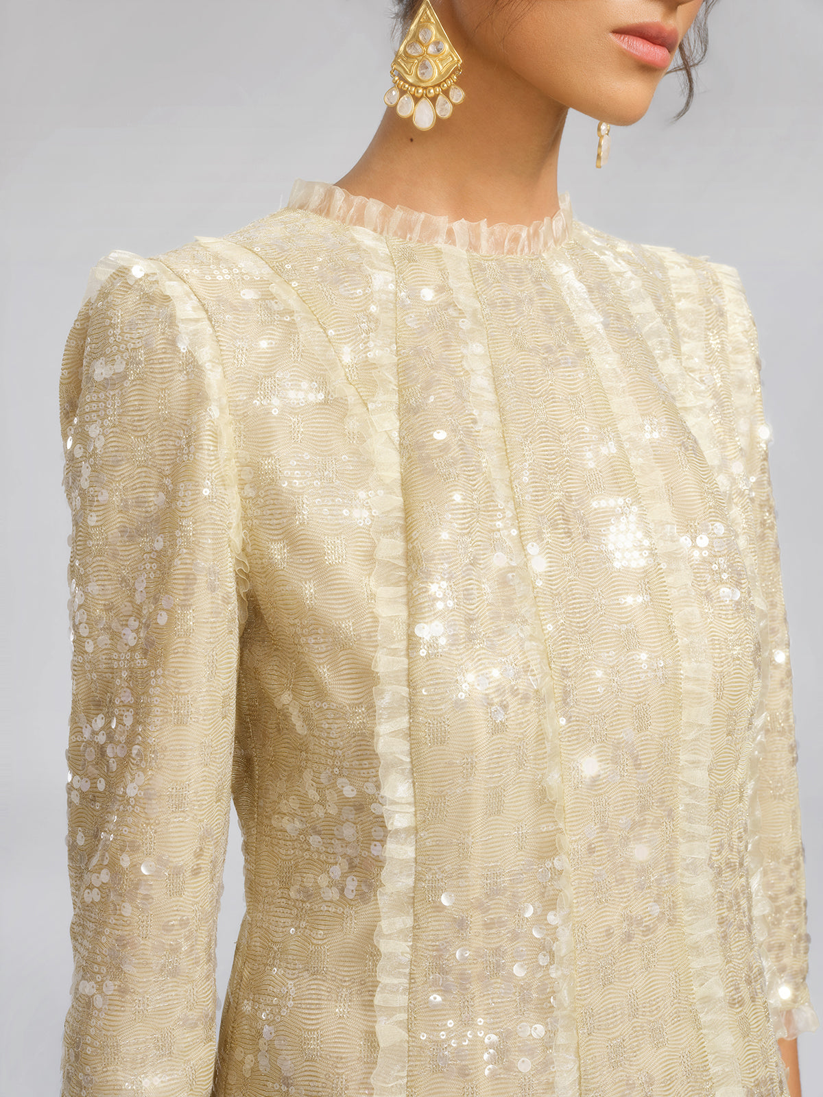 Elegant Sequin Ruffle Trim Midi Dress
