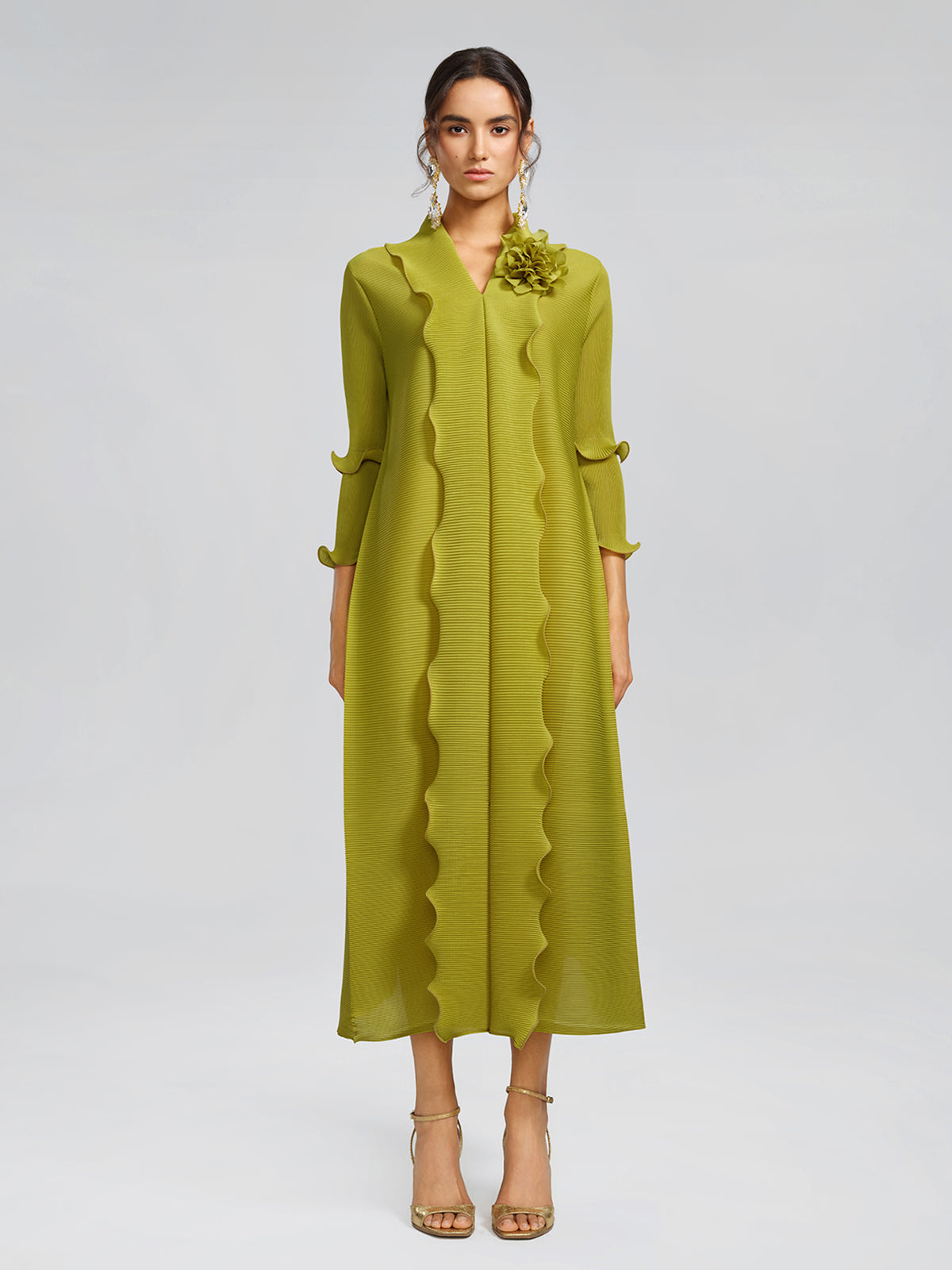 Elegant Ruffled Pleated Maxi Dress with Floral Brooch