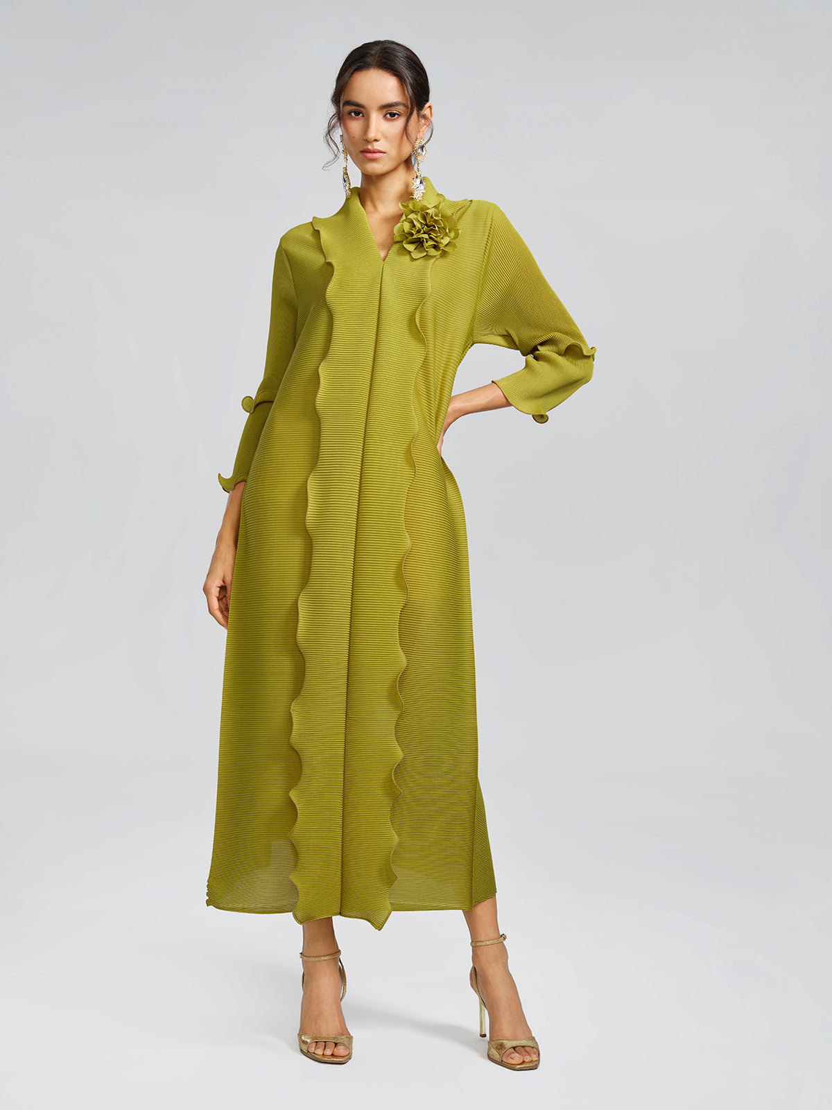 Elegant Ruffled Pleated Maxi Dress with Floral Brooch