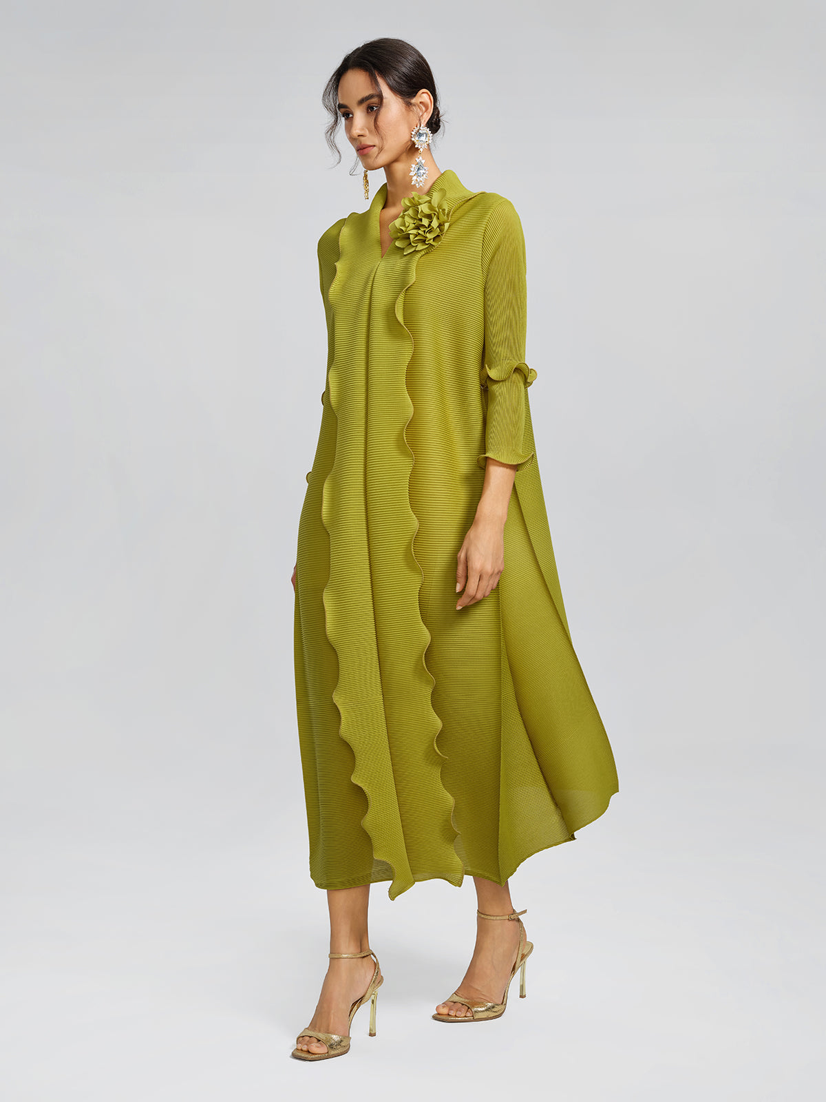 Elegant Ruffled Pleated Maxi Dress with Floral Brooch