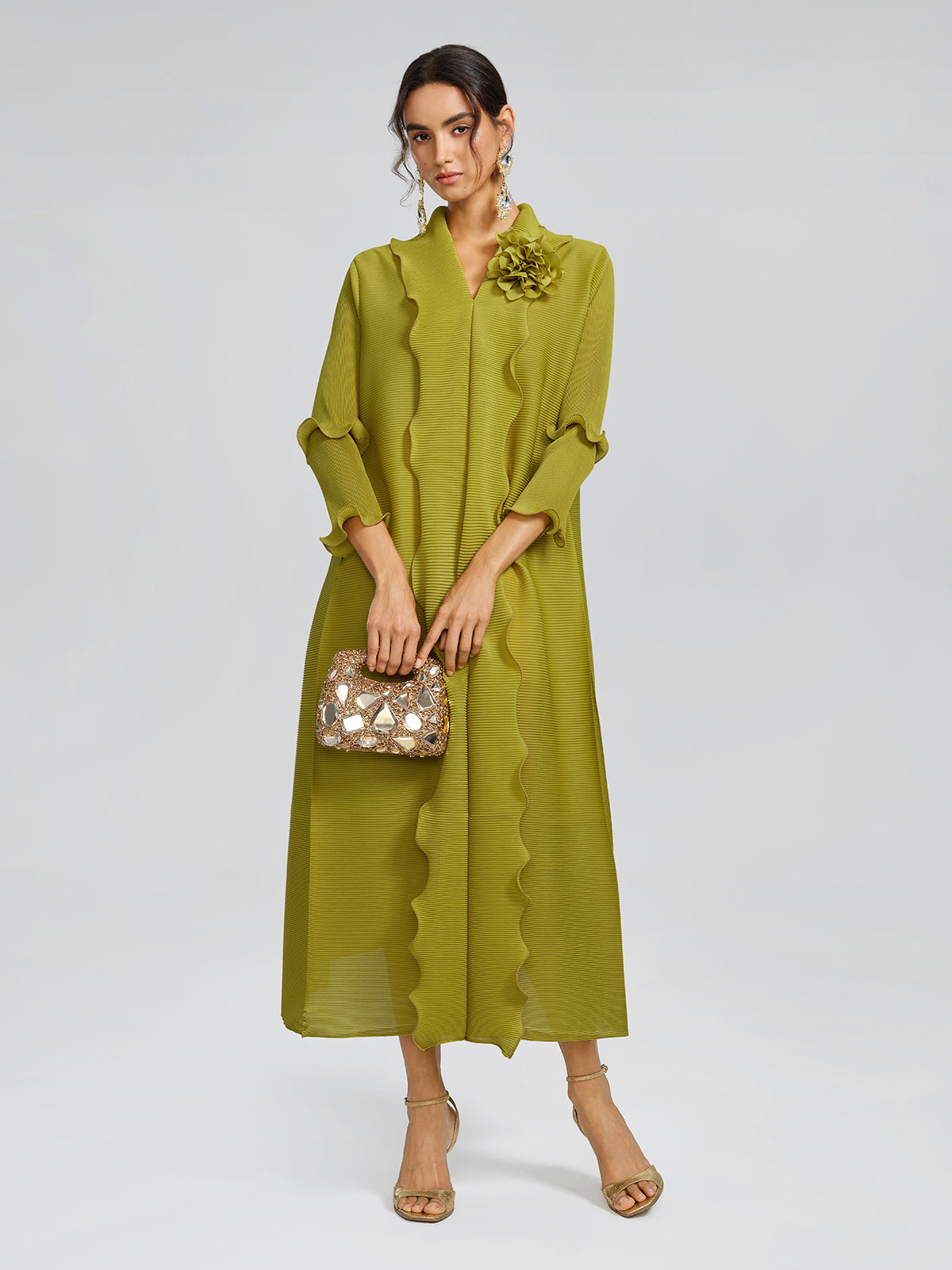 Elegant Ruffled Pleated Maxi Dress with Floral Brooch