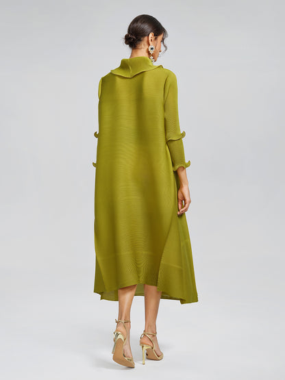 Elegant Ruffled Pleated Maxi Dress with Floral Brooch