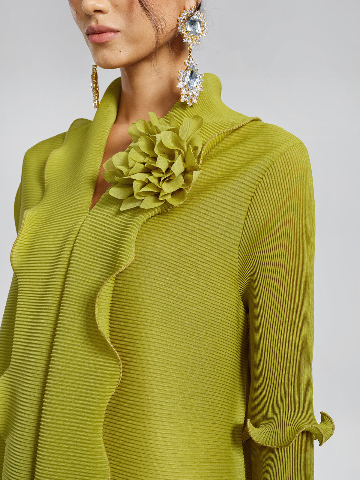 Elegant Ruffled Pleated Maxi Dress with Floral Brooch