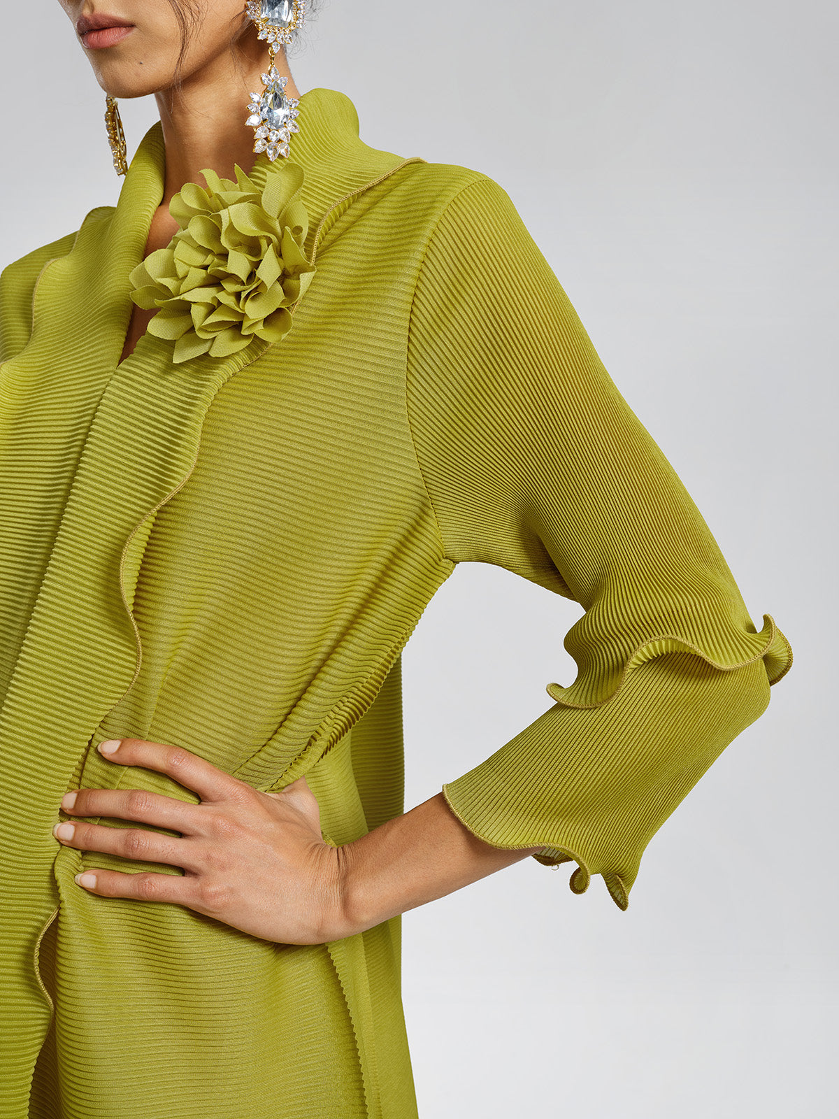 Elegant Ruffled Pleated Maxi Dress with Floral Brooch