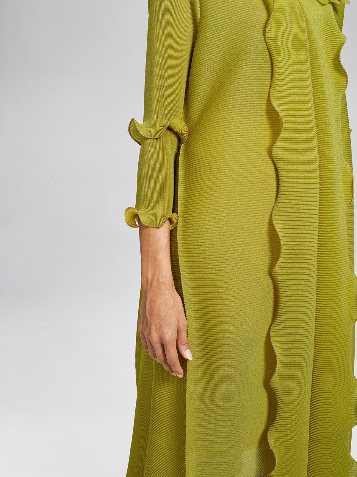 Elegant Ruffled Pleated Maxi Dress with Floral Brooch
