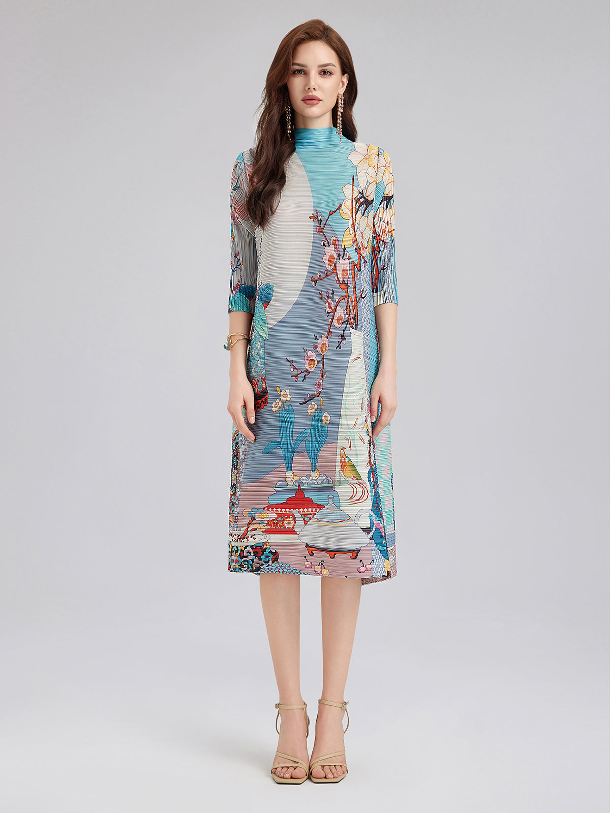 Artistic Print Pleated Mock Neck Midi Dress