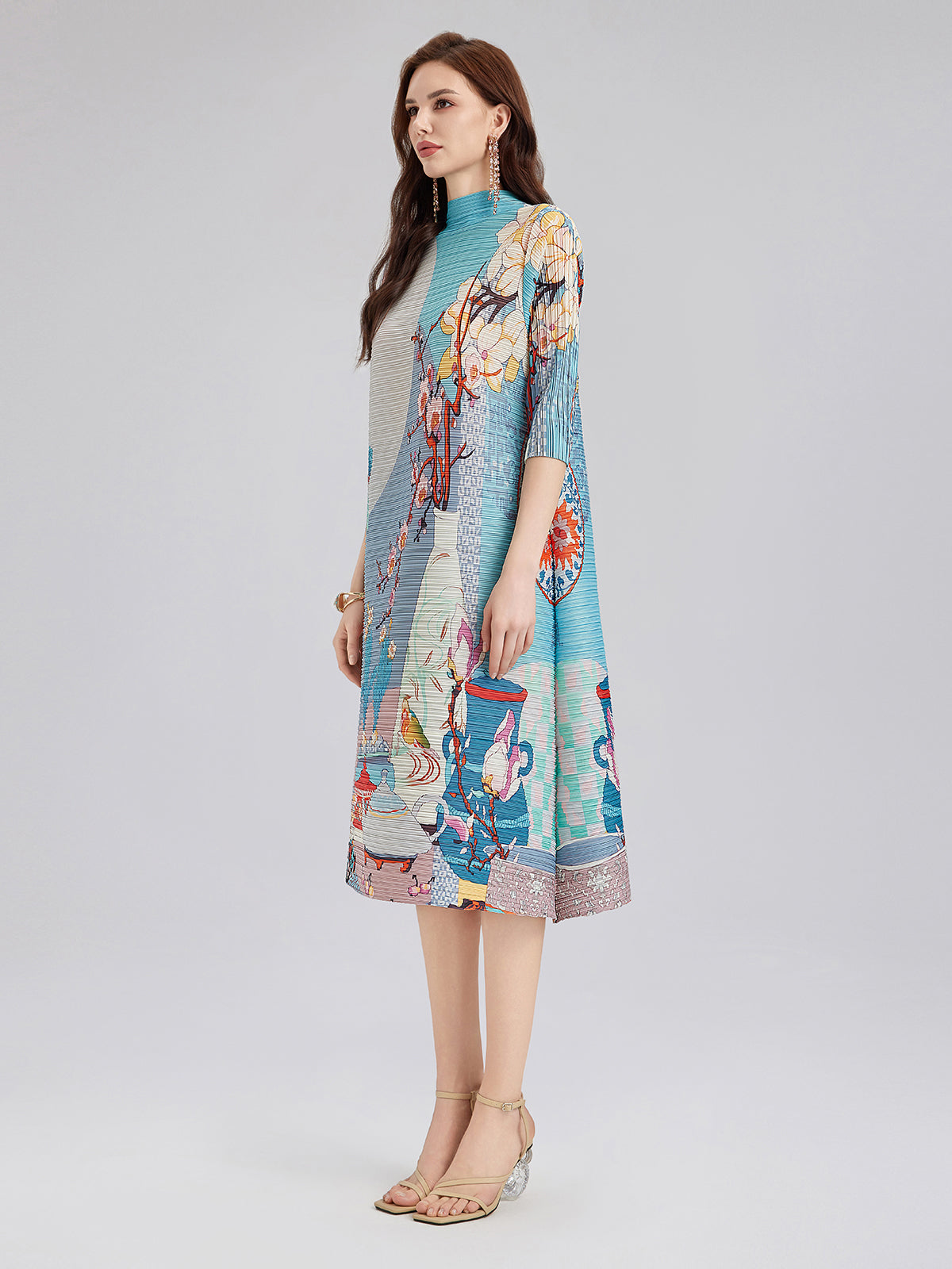 Artistic Print Pleated Mock Neck Midi Dress