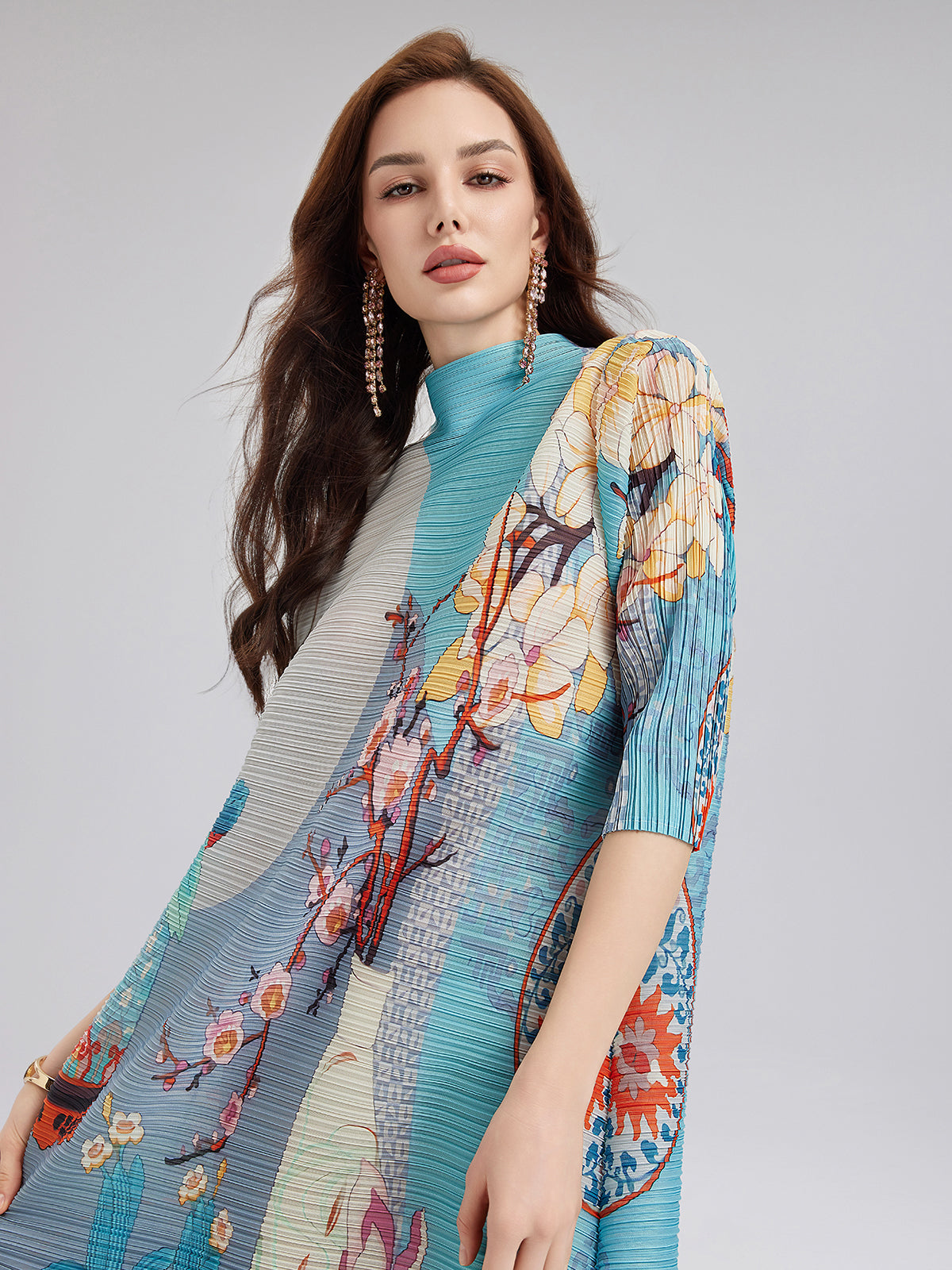 Artistic Print Pleated Mock Neck Midi Dress