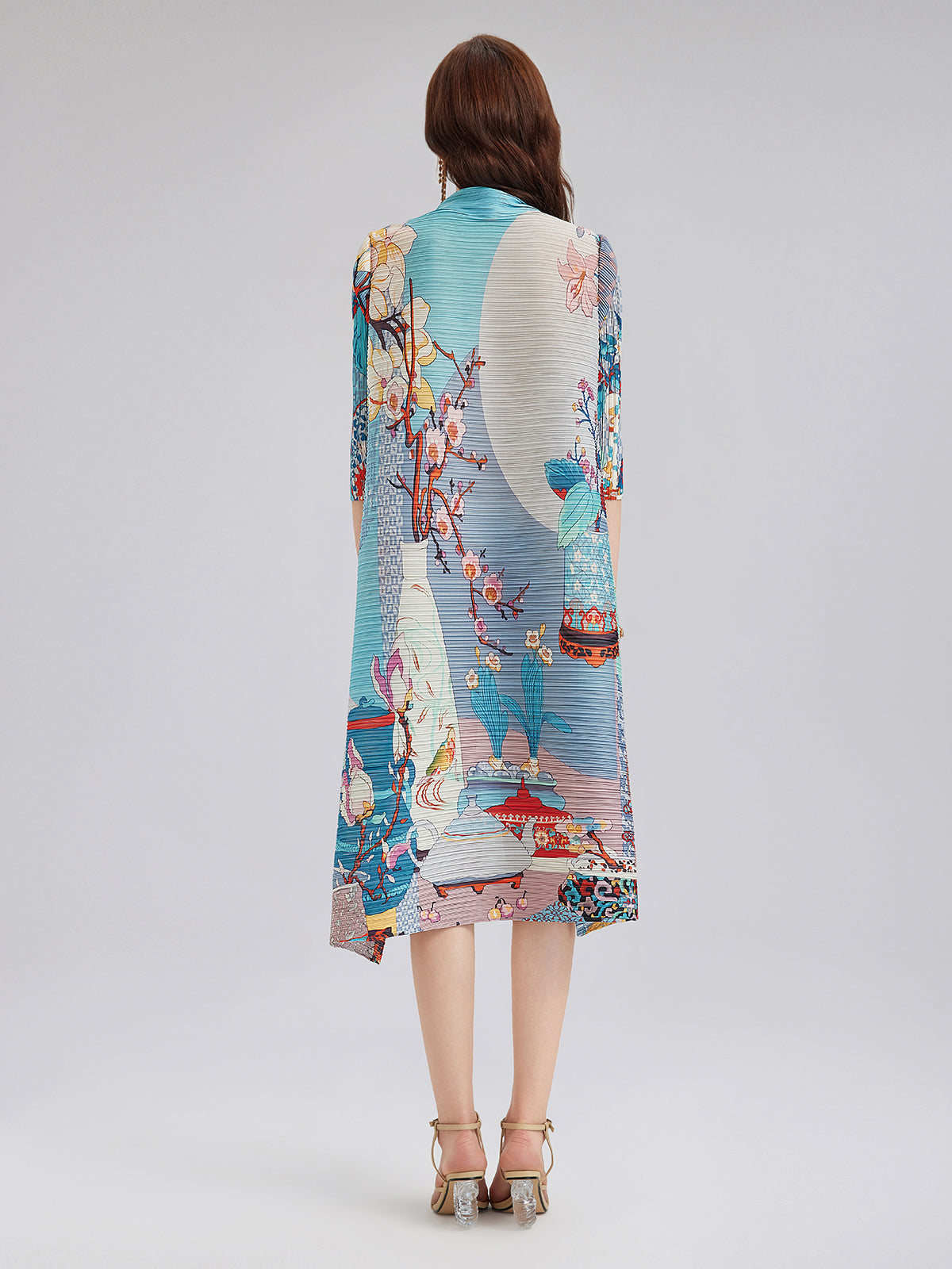 Artistic Print Pleated Mock Neck Midi Dress
