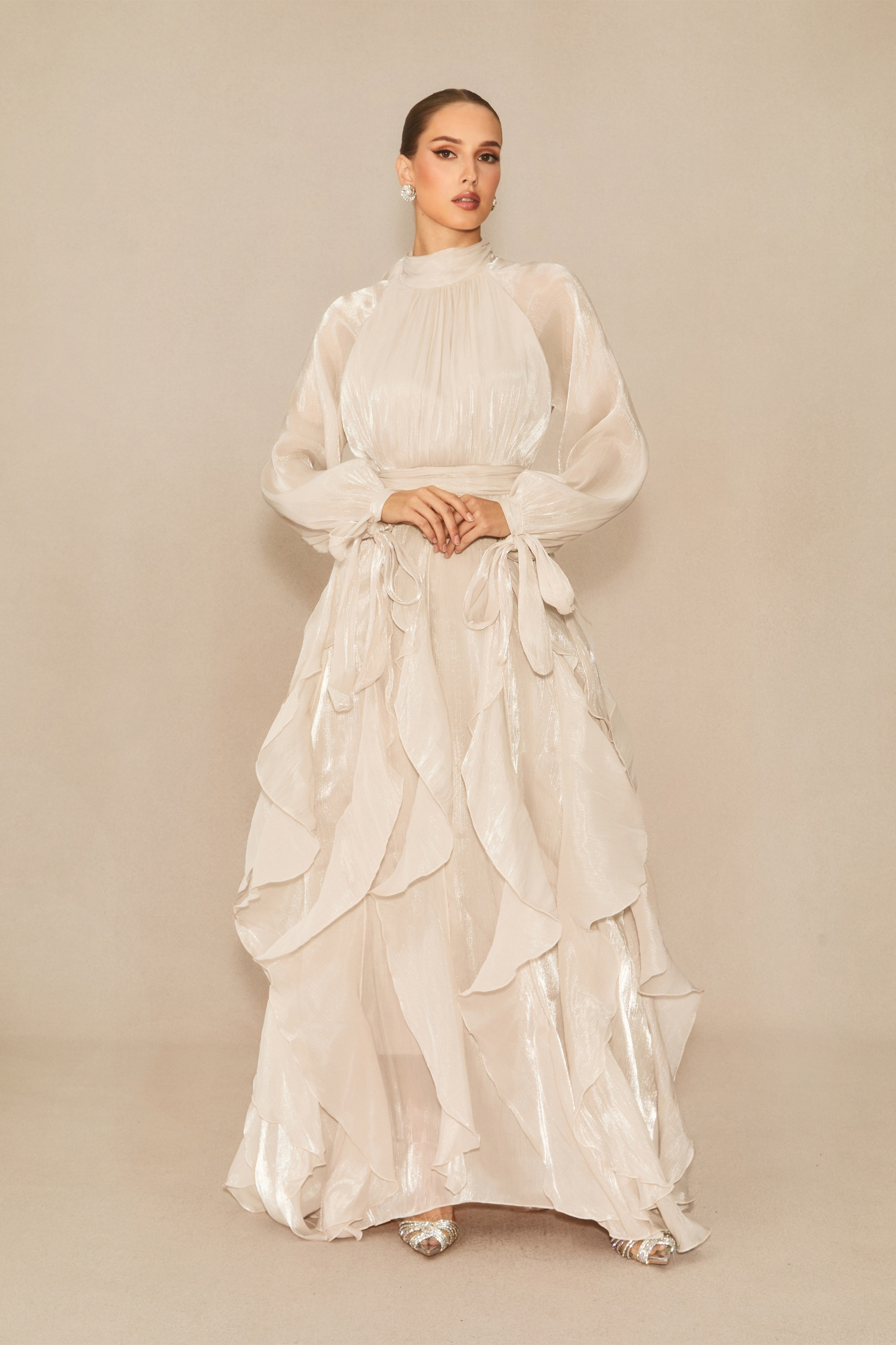 Elegant Shimmering High Neck Ruffle Maxi Gown