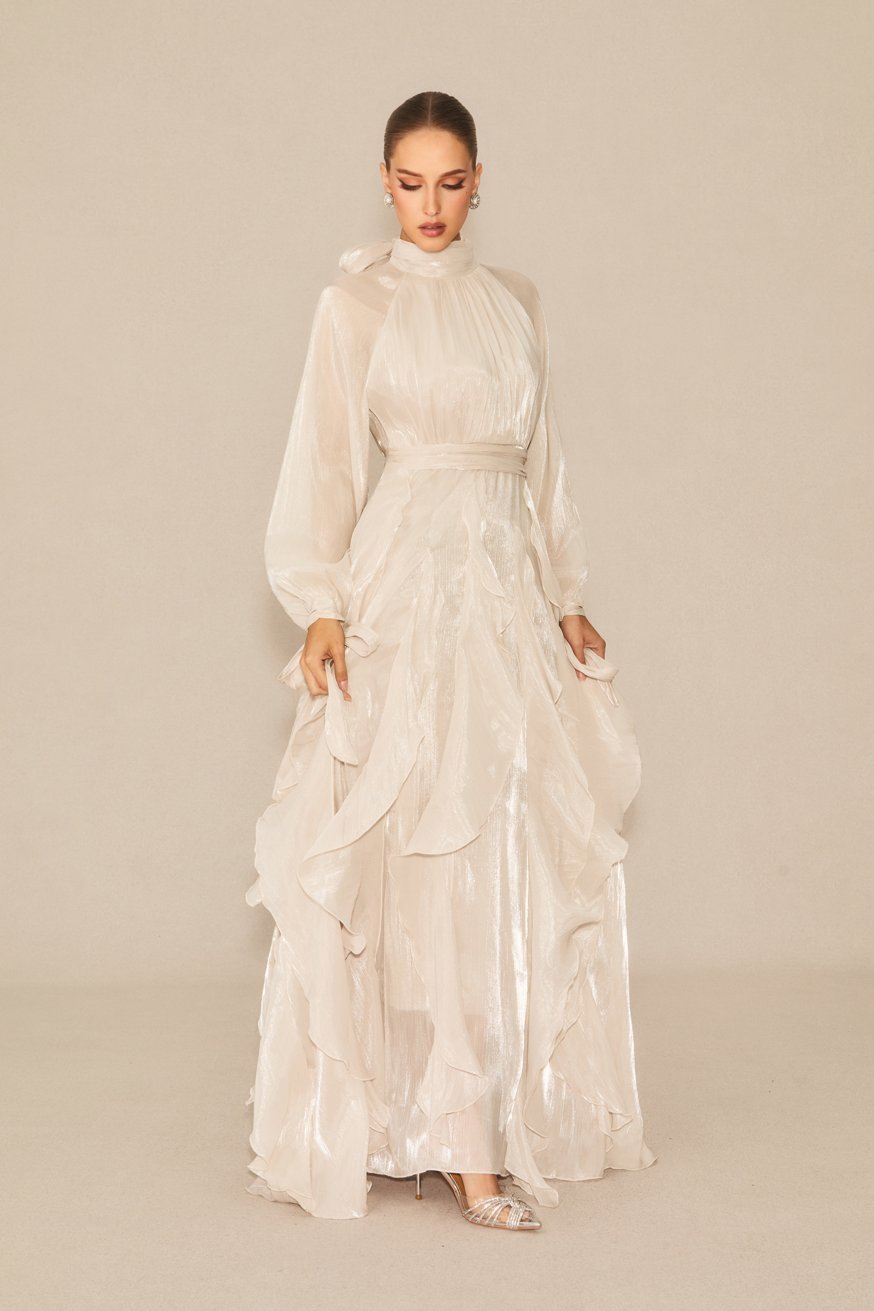 Elegant Shimmering High Neck Ruffle Maxi Gown