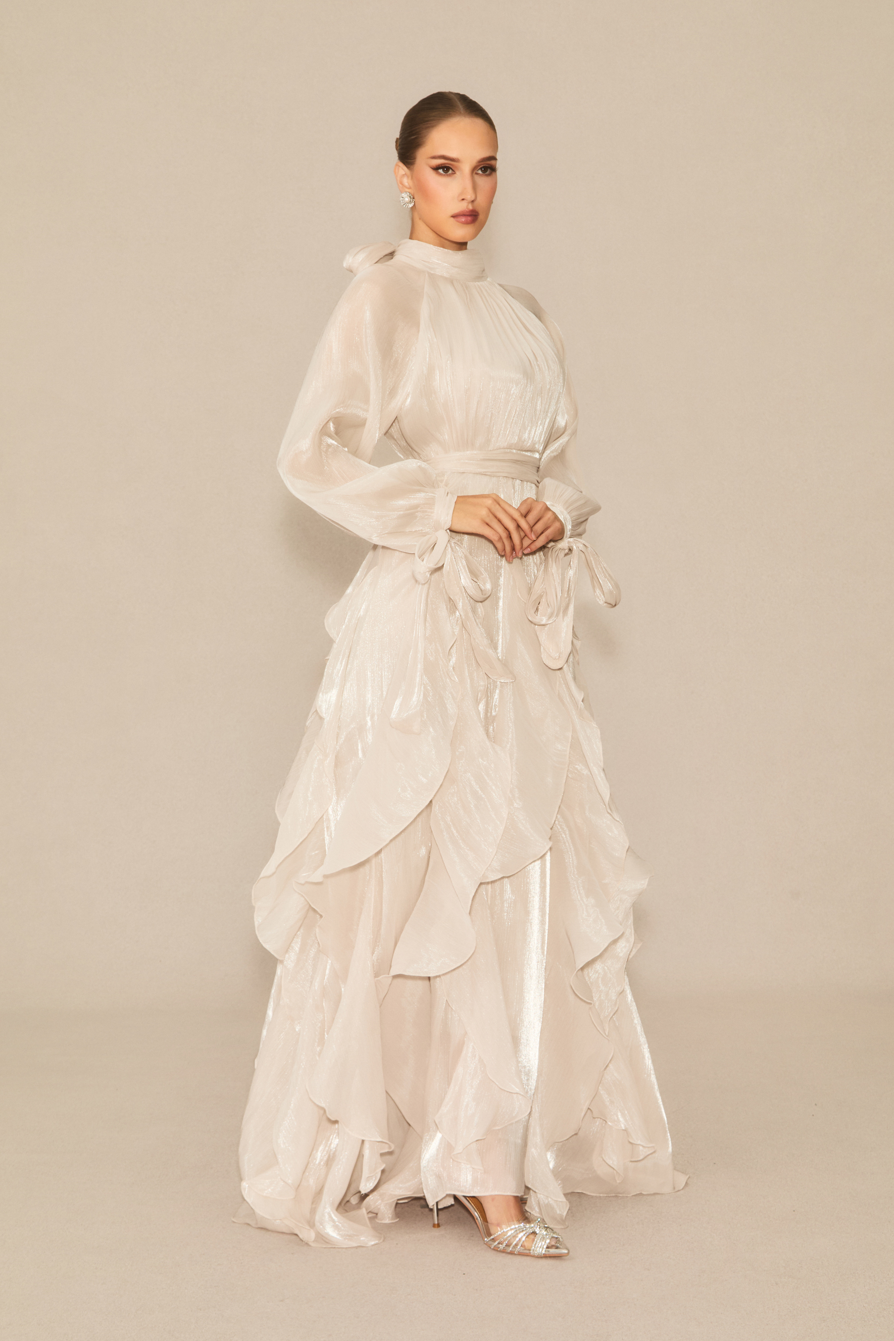 Elegant Shimmering High Neck Ruffle Maxi Gown