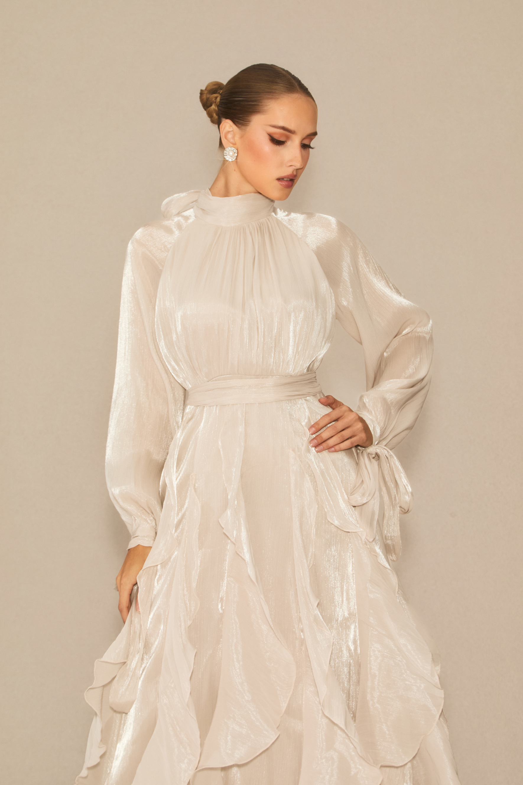Elegant Shimmering High Neck Ruffle Maxi Gown